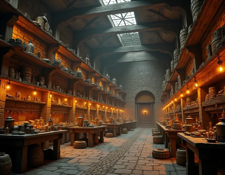 A medieval warehouse brimming with resources for crafting a colossal iron automaton. Stacks of iron ingots glint under the warm light of oil lanterns, while barrels of viscous oils and racks of alchemical tools stand ready. Shelves hold enchanted chisels, ...