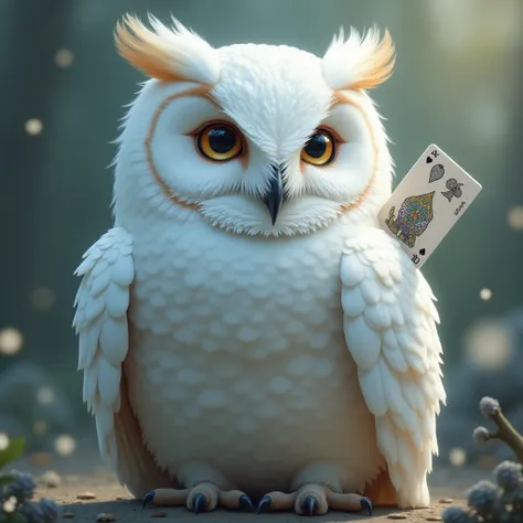 create me a picture of the owl with white feathers that smiles and has a mysterious card under its right wing