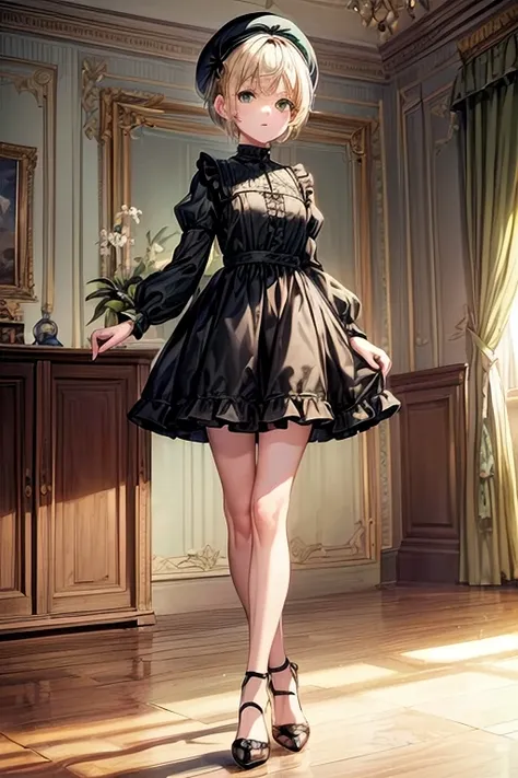 (masterpiece, best quality) 1 boy (Landscape: standing, indoor, intricate detail, sunlight) (Outfit: black and green frilly striped dress long sleeves, blue short sleeve t-shirt over the dress, high heels, beret) (Body: white blonde short hair, green eyes,...