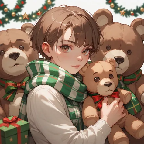   handsome, Alone, juvenile，Short Hair， brown hair, teddy bear，Checked scarf，teddy bear， Christmas