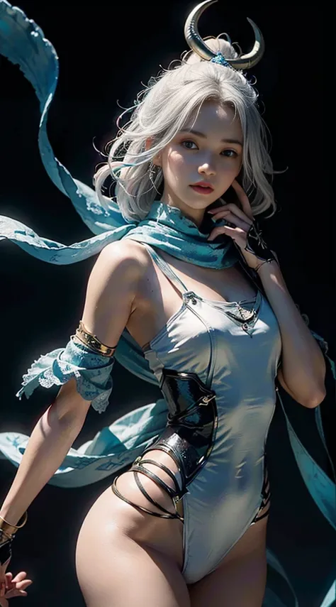 (Extreme Detail CG Unity 8K wallpaper, masterpiece, highest quality), (Exquisite lighting and shadow, highly dramatic picture, Cinematic lens effect), a girl with a single horn on her forehead , white hair and a blue scarf in her neck, blue sleeve-less , f...