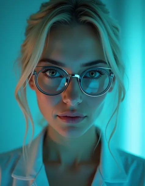 A close-up shot frames the psychotherapists captivating features, emphasizing her slender silver-rimmed glasses and neatly combed blonde hair. Her beautiful yet cold face glows with a subtle phosphorescent light as she gazes directly at the viewer, her eye...