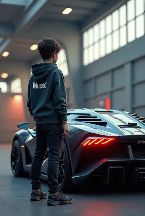 A teenage boy standing with lamborghini futuristic car and wearing a hoodie in the back of hoodie wirtten mueed