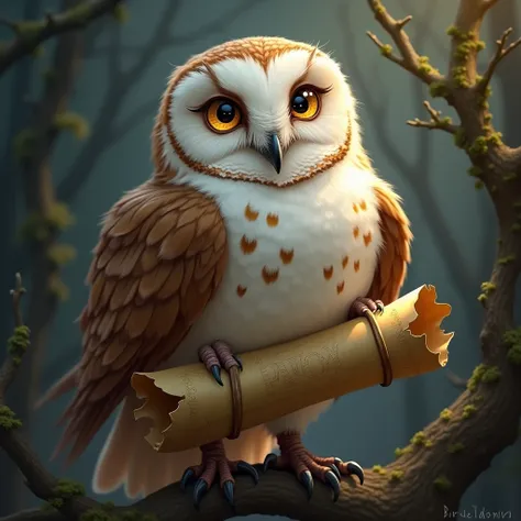 
Create an image of the owl with white and brown feathers smiling and having a mysterious treasure map, en rouleau sous son aile droite 