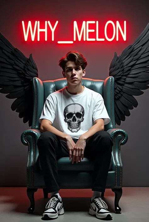 create 3D illusion for a profile picture where a 20 years old boy in a white shirt printed “☠️”sitting like ganster on a wing chair wearing sneaking he look ahead the background features “ why__Melon" in big and capital Black and red  neon light fonts on t...