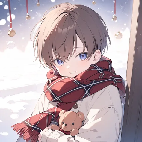   handsome, Alone, juvenile，Short Hair， brown hair, teddy bear，Checked scarf，teddy bear， Christmas，smile