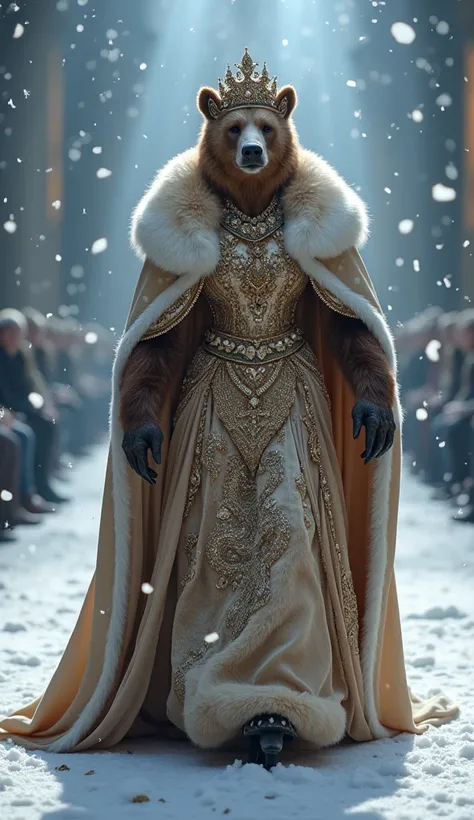 A regal bear queen striding down a snowy-themed fashion show runway, dressed in a traditional Russian kokoshnik and a fur-lined royal gown. The intricate designs on her attire shimmer as snow-like confetti falls around her, mesmerizing the audience with he...