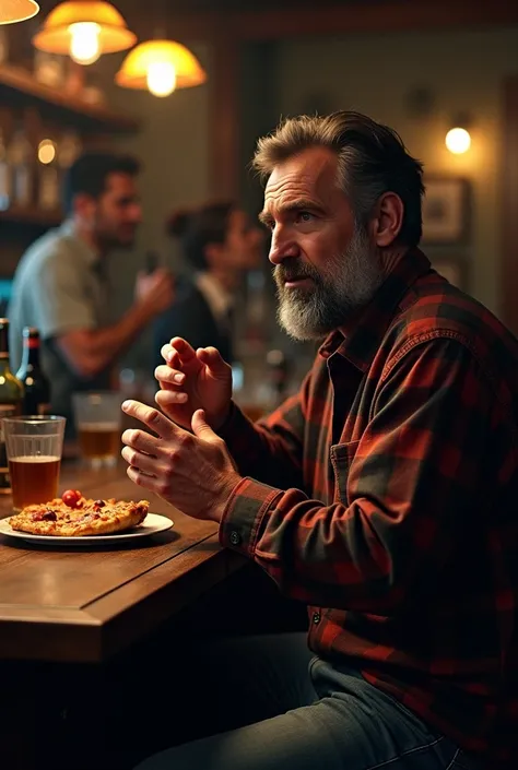 Bearded 45-year-old man in a bar eating pizza and talking to imaginary woman