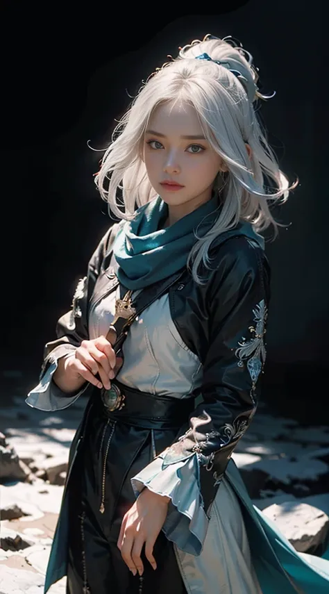 (Extreme Detail CG Unity 8K wallpaper, masterpiece, highest quality), (Exquisite lighting and shadow, highly dramatic picture, Cinematic lens effect), a girl with a single horn on her forehead , white hair and a blue scarf in her neck, blue sleeve-less , f...