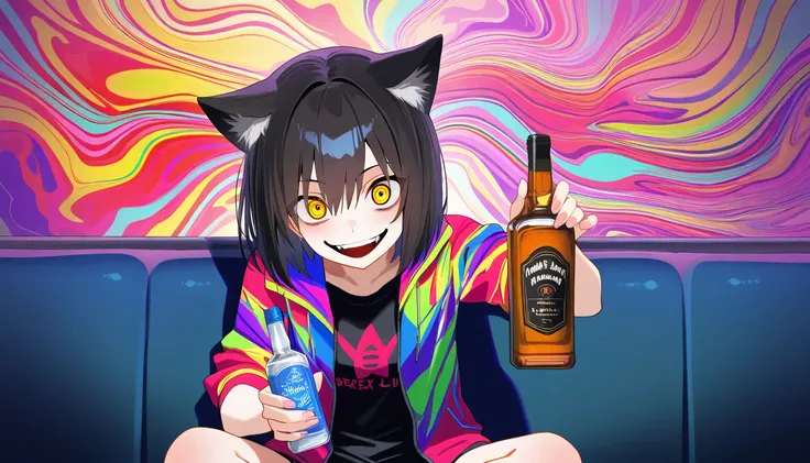 score_9,score_8_up,score_7_up,source_anime,rating_safety,masterpiece,best quality,hyper detailed,super fine illustration,8k,face forcus,BREAK 1girl,psycho,22yo,solo,black hair,short hair,solo,cat ears,crazy eyes,crazy smile,(psychedelic color jacket:1.2),T...