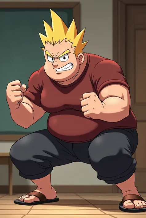 Tall Man, with round face, with short thin yellow haircut, less chubby, muscular, in Anime, wears his mahogany shirt, dark gray pants, brown sandals, in the private room, doing his fighting pose with his fists, angrier, crouching with his legs and feet