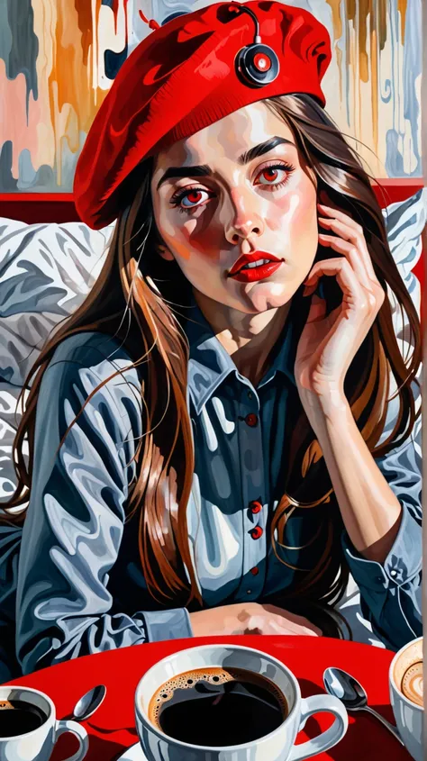 A young woman wakes to her alarm—a shrill beep marking the start of another day. Coffee, work, dinner, sleep. It’s the same routine every day. High Resolution, Long Hair, Looking at viewer, Red Eyes, Beret, From Below, Abstractionism, 