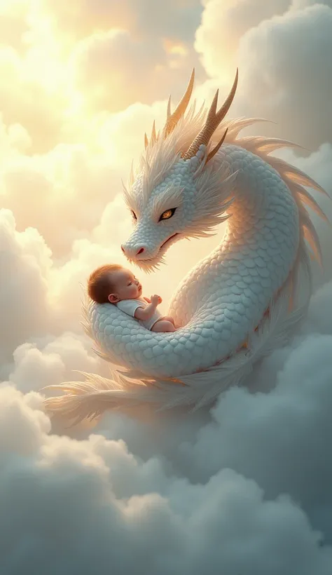 ((masterpiece,  top quality,  Highest image quality  ,  high resolution, Realistic,  original photo,  Extremely Detailed CG Uniform 8K Wallpaper )),  in the sky ， A white Chinese dragon holds a little baby in its arms，The tail of the dragon wraps around th...