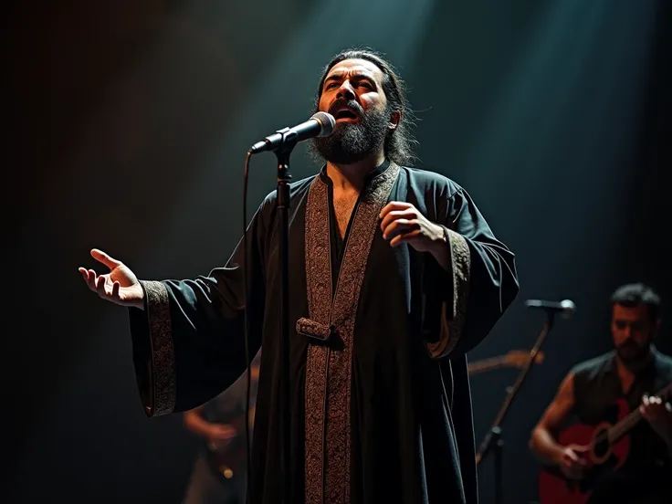 Artistic and realistic photographs of a male artist in his forties, wearing black local Kurdish clothes, facing the camera, singing on stage