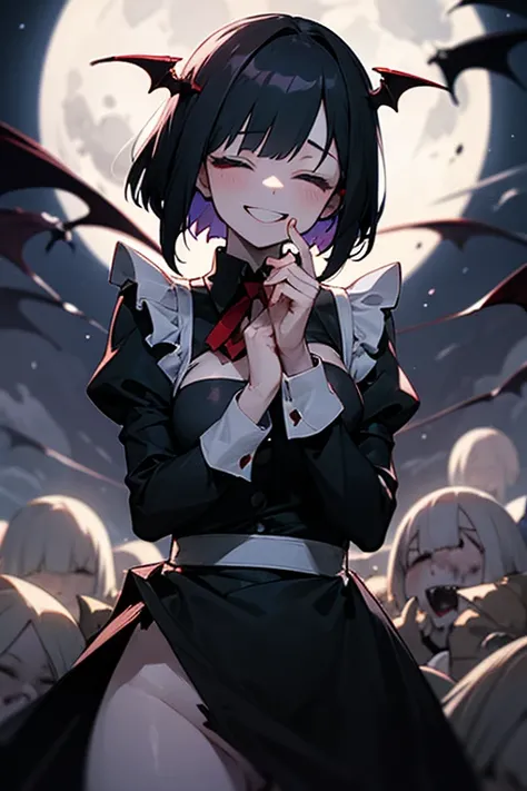 nsfw,Pile of s, closes the eye, black hair, short bob , white skin, slender ,woman,Blind, closes the eye,Black long sleeve maid outfit,Full moon night,Crazy smile like your mouth is torn,vampire,Bloody Hands,devilish smile,