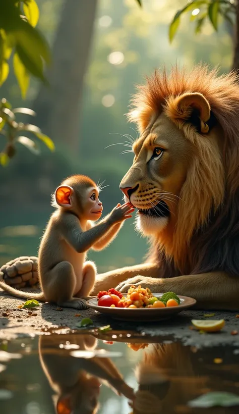 monkey and lion eating together