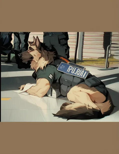 score_9, score_8_up, score_7_up, score_6_up, adult, very long haired, German shepherd, bulletproof vest, anthropomorphic, furry, airport, human type body