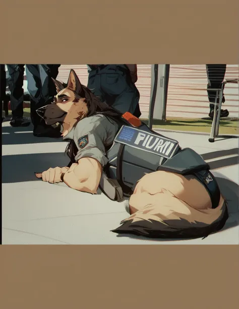 score_9, score_8_up, score_7_up, score_6_up, adult, very long haired, German shepherd, bulletproof vest, anthropomorphic, furry, airport, human type body