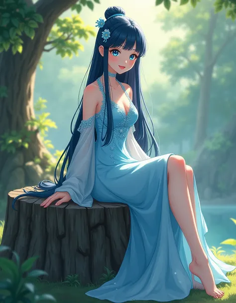 an anime woman in a blue dress sitting on a tree stump, anime woman fullbody art, anime character; full body art, cute anime waifu in a nice dress, anime girl wearing a black dress, dark blue long hair, rin tohsaka, beautiful anime style, wearing a blue qi...