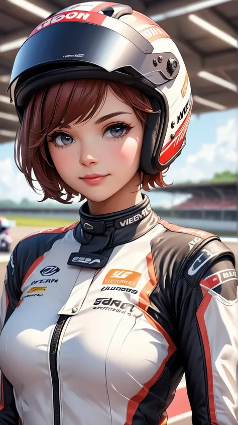 (1girl, statuesque body, adorable face, short hair:1.2), (best quality, highres, anime style, digital drawing mode, realistic:1.1), motorsport rider, posing next to motorsport motorcycle, (full face racing helmet:1.2), depth of field, (race track backgroun...