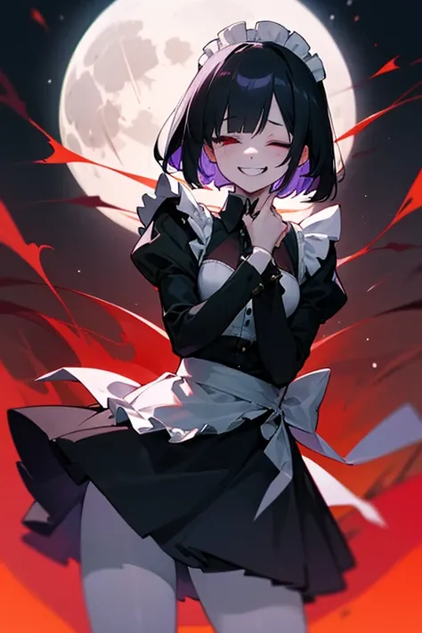 Pile of s, closes the eye, black hair, short bob , white skin, slender ,woman,Blind, closes the eye,Black long sleeve maid outfit,Full moon night,Crazy smile like your mouth is torn,vampire,Bloody Hands,devilish smile,