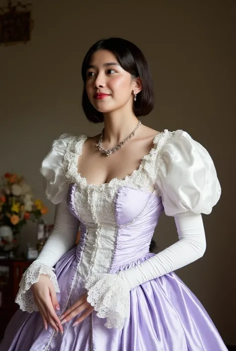 A Korean man in ladies victorian dresses, he is crossdresser, big breasts like a woman, slender female body, His hairstyle is short and manly, long sleeves, white and light purple, medieval noblewoman costume, Rich lace and frills, rococo dress, silk, sati...