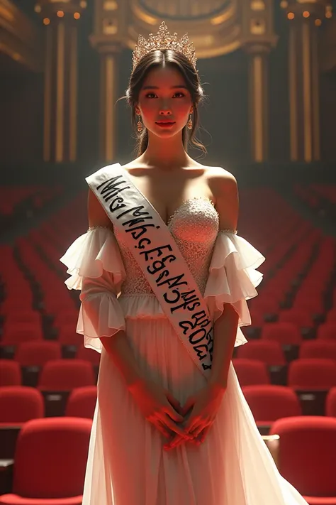 A beautiful Asian woman with French twist hair wears a beautiful frilly long dress,  wears the crown of miss universe on her head , in an auditorium wearing a shawl inscribed "MISS ESS 2025 "