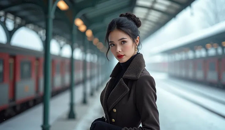 a photo of a beautiful eurasian woman, very pretty,slim,  aged 35, lipstick,  buxom, hair in chignon, stylishly and smartly dressed for a  winter train journey, standing at snowy train station, 