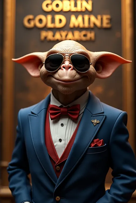 (photorealism:1.2), aristocratic goblin in a blue tuxedo with red bow tie and pocket square, midnight black aviator glasses, smiling, Goblin Gold Mine written in gold on a bronze plate overhead, VIP glow between the bronze plate and the goblin