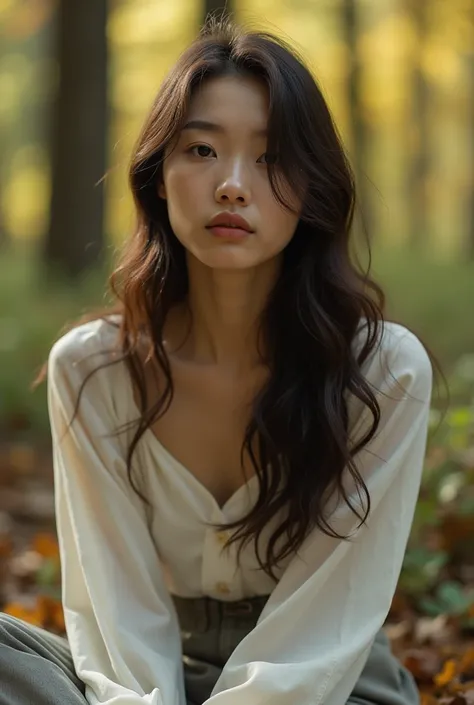 22 year old Japanese woman, brown long wavy hair ,  white blouse,  Cinematic Edge Lighting ,  camera ,  Autumn forest,  sitting ,  shallow depth of field ,  Quiet and Serene Atmosphere , Low Angle Photography,   surrounded by forest  , Proportionate exposu...