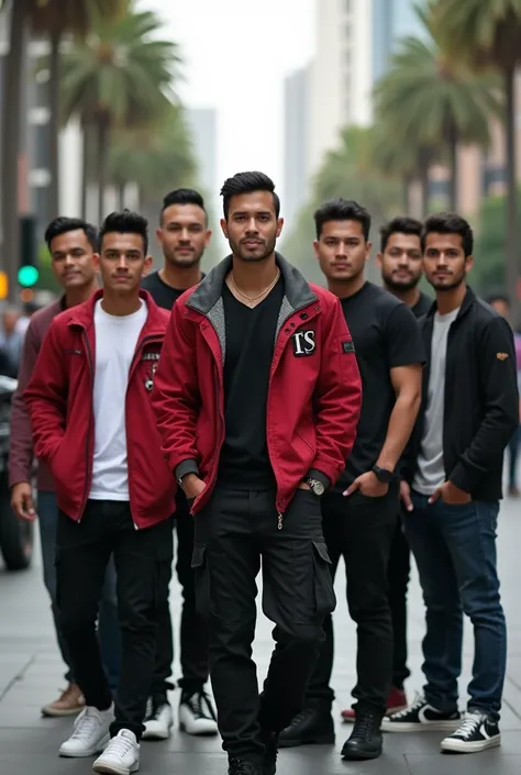  Full from a distance 3 Indonesian men with neat hair sweet macho .  Couplean sweater red veil jacket with a name "TS", wearing black cargo pants and wearing allstar shoes .  And 4 Indonesian men aged 27 years old with neat short hair . wearing a t-shirt, ...