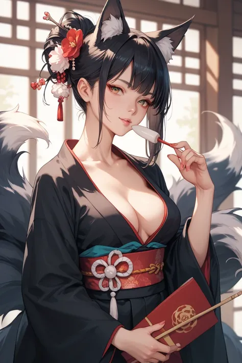 kitsune woman in black kimono, black hair