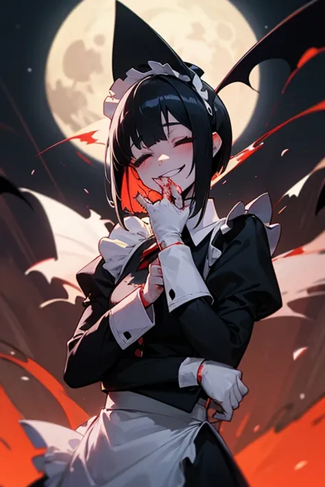 Pile of s, closes the eye, black hair, short bob , white skin, slender ,woman,Blind,closed eye,Black long sleeve maid outfit,Full moon night,Crazy smile like your mouth is torn,vampire,Bloody Hands,devilish smile,