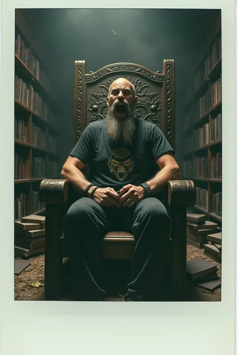 



A striking Polaroid photo with the iconic white border and vintage filter, capturing a dramatic scene. The central figure is a man in his 50s, with a long, wild beard and wearing a demon japanese mask mask, his mouth open in a fierce scream. He is dres...