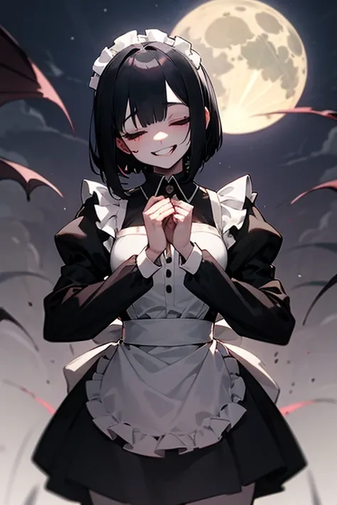 Pile of s, closes the eye, black hair, short bob , white skin, slender ,woman,Blind,closed eye,Black long sleeve maid outfit,Full moon night,Crazy smile like your mouth is torn,vampire,Bloody Hands,devilish smile,1girl