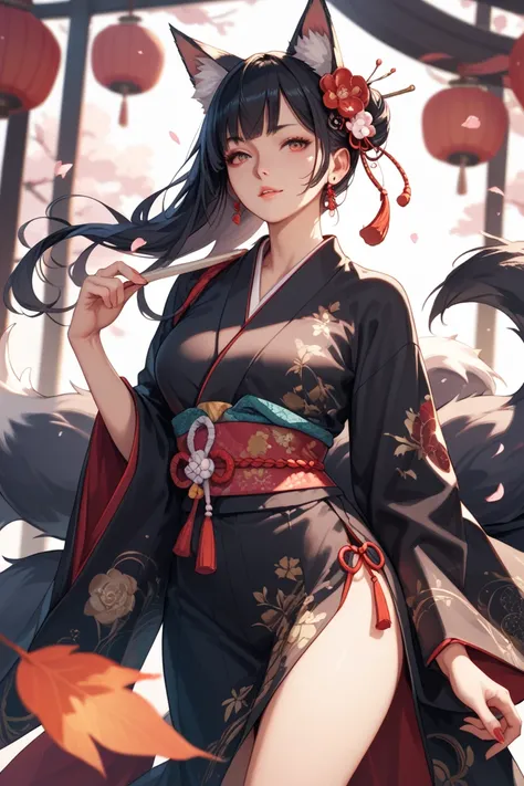 kitsune woman in black kimono, black hair