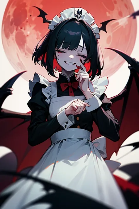 Pile of s, closes the eye, black hair, short bob , white skin, slender ,woman,Blind,closed eye,Black long sleeve maid outfit,Full moon night,Crazy smile like your mouth is torn,vampire,Bloody Hands,devilish smile,1girl