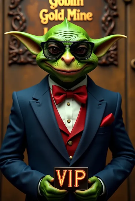 (photorealism:1.2), aristocratic green goblin in a blue tuxedo with red bow tie and pocket square, midnight black aviator glasses, smiling with teeth showing, Goblin Gold Mine written in gold on a bronze plate overhead, VIP sign glowing between the bronze ...