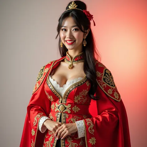 Photo of Japanese Cosplayer,large breast,cavalry costume,smile,posing,Square