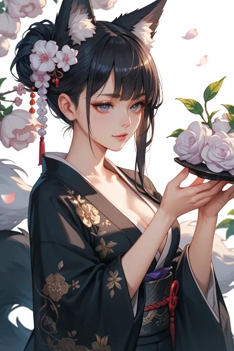 kitsune woman in black kimono, black hair worn down, hydrangeas in the background