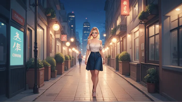 1 woman, blonde hair, green eyes, sad, walking, night time, city as background