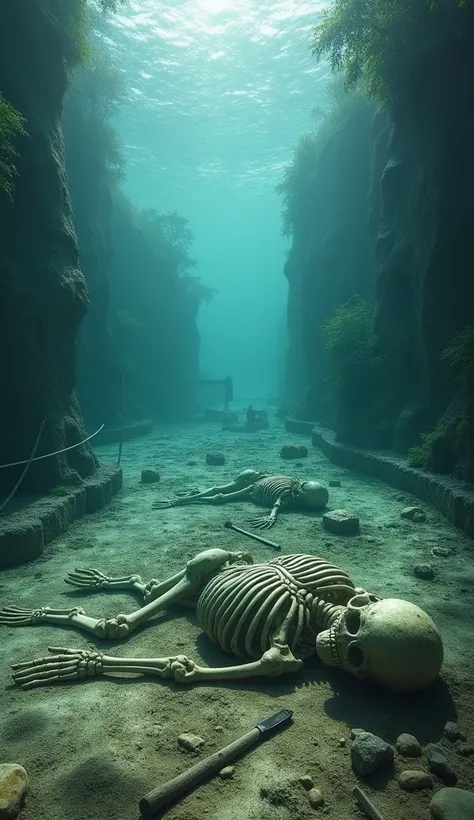 Close-up of ancient skeletons lying at the bottom of a clear lake, with an archaeologist’s tools nearby, surrounded by a historical, mysterious setting.