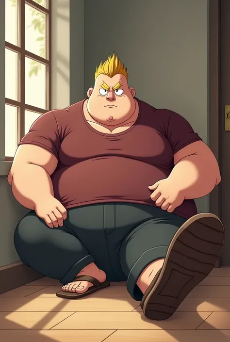 Tall Man, with round face, with thin yellow haircut, less chubby, muscular, in Anime, wears his mahogany shirt, dark gray pants, brown sandals, in the private room, sitting on the floor, kicking his feet