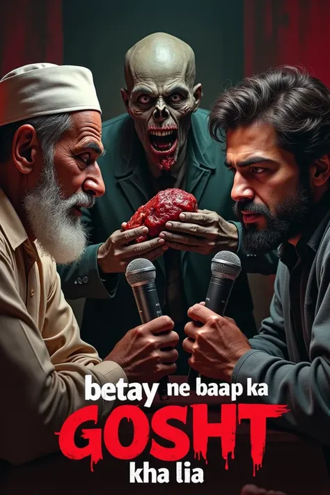 "A dramatic podcast scene featuring two men speaking into microphones, one elderly wearing traditional attire and the other younger with a beard. In the center, a horrifying zombie figure with decayed flesh and blood, holding a piece of raw meat. The backg...