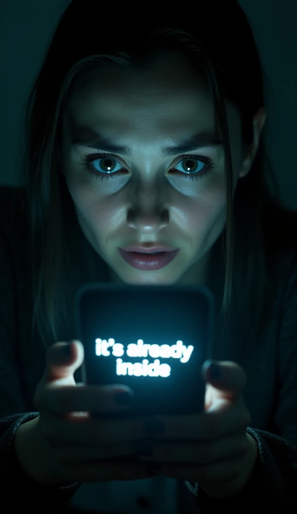 A hyper-realistic close-up of Rachel’s phone screen displaying the chilling message: It’s already inside. The text is bold and ominous, glowing in the darkness. The light from the phone casts a stark, eerie glow on her face, highlighting her terrified expr...