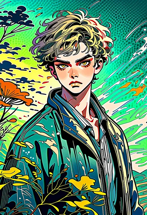 ink style, A cartoon style illustration of a man, 20 years old, very handsome, golden brown eyes, blonde hair, penetrating gaze, serious, (Ghibli-like colors, UHD, masterpiece, precise, anatomically correct, textured) . skin, super detail, 8k)With an apoca...