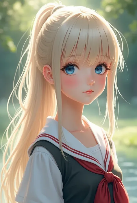 En plein air、Swaying bangs、Care for bangs、poneyTail、Hair care、Very beautiful  cute girl、A hiny white young beautiful skin、sexy and very beautiful good looks、very cute face，extreme beautiful、Super long platinum blonde hair、Silky straight hair、wide blue eyes...