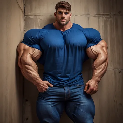 a very handsome man, big eyes, very muscular, exaggeratedly large muscles, wearing a blue t-shirt and a pair of jeans, standing against a wall at night