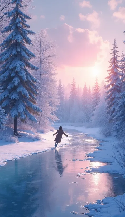 A serene, icy night on January 4th ,  with a frozen river meandering through a snow-covered forest .  Ice crystals sparkle on the trees and the soft pink and lavender tones of the setting sun fill the sky.  A solitary figure skates over the river ,  symbol...