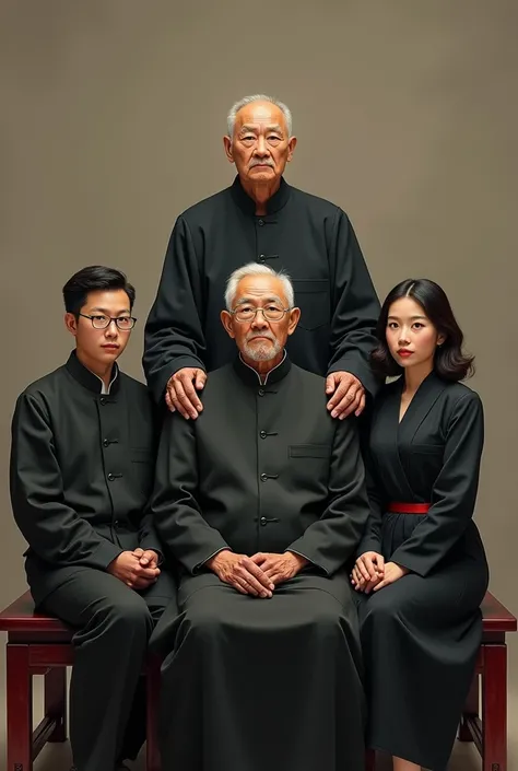  Give me a picture of a chinese family member sitting facing forward with the oldest seated grandfather sitting on top of them. They wear formal clothes and the atmosphere of the picture is tense 


